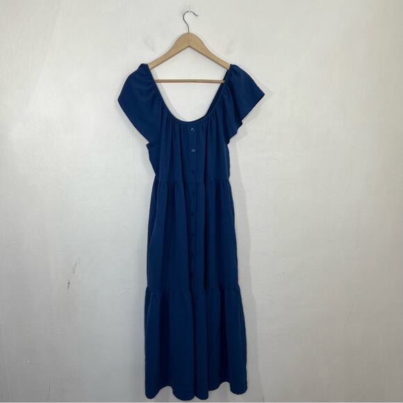 Maggy London Blue Ruffle Sleeve Scoop Neck Tiered Easy Shirtdress Midi Size 8 - Picture 3 of 16